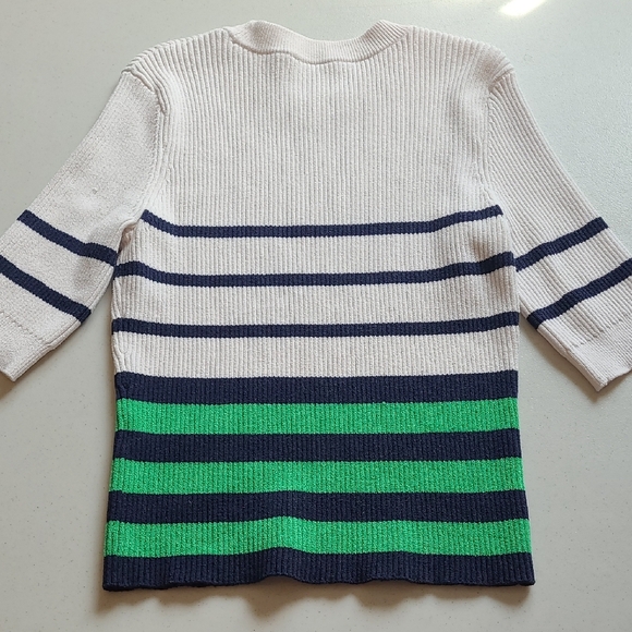LG Frame Cotton Sweater Blend Navy and Green Striped Crew Neck Rib - Picture 9 of 10